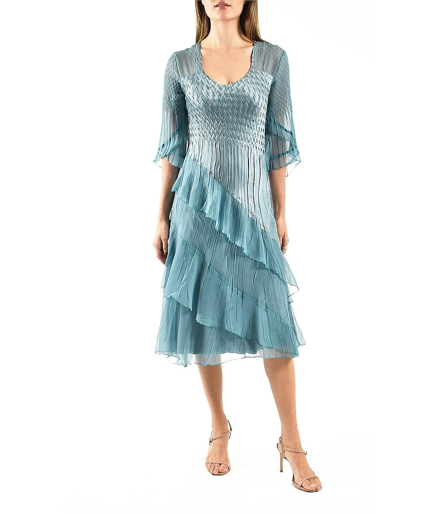 Komarov Charmeuse Chiffon Tulip Sleeve Tiered Diagonal Hem Fit & Flare Dress