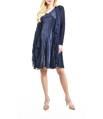 Komarov Charmeuse Chiffon V-Neck 3/4 Sleeve Ruffle Cascade Two Piece Jacket Dress