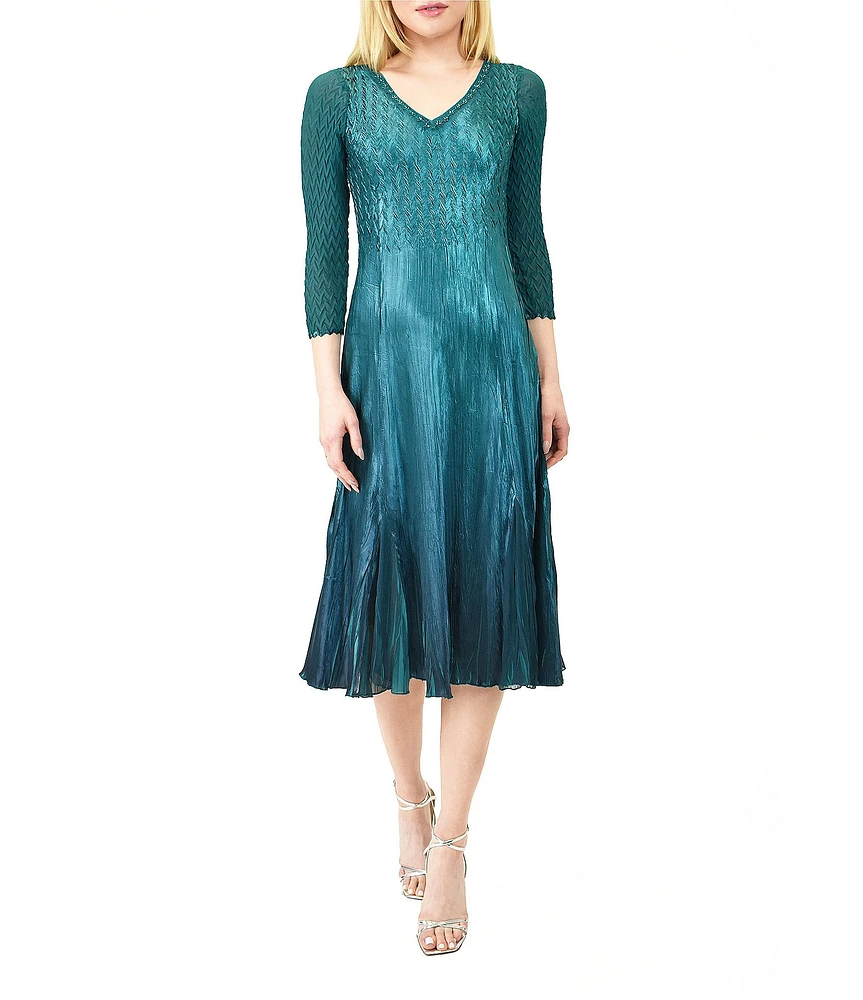 Komarov Charmeuse Chiffon V-Neck 3/4 Sleeves Beaded Trim Fit & Flare Dress