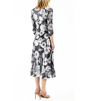 Komarov Charmeuse Floral Lace V-Neck 3/4 Sleeve Pleated Dress