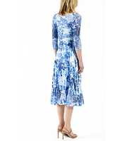 Komarov Charmeuse Floral Print Lace Insert V-Neck 3/4 Sleeve Pleated A-Line Dress