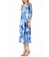 Komarov Charmeuse Floral Print Lace Insert V-Neck 3/4 Sleeve Pleated A-Line Dress