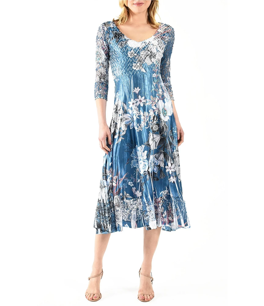 Komarov Charmeuse Floral Print Lace V-Neck 3/4 Sleeve Pleated Fit and Flare Dress