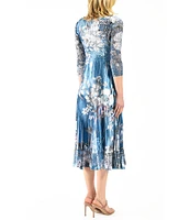 Komarov Charmeuse Floral Print Lace V-Neck 3/4 Sleeve Pleated Fit and Flare Dress