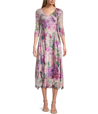 Komarov Charmeuse Floral Print V-Neck 3/4 Sleeve Midi Dress