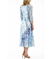 Komarov Charmeuse Floral Print V-Neck Lace 3/4 Sleeve Lace Hem Dress