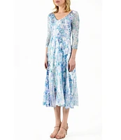 Komarov Charmeuse Floral Print V-Neck Lace 3/4 Sleeve Lace Hem Dress