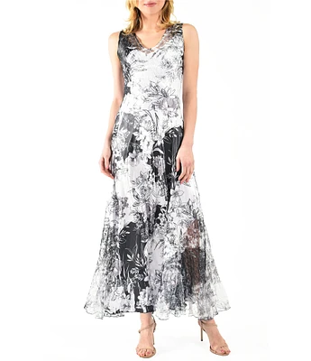 Komarov Charmeuse Lace Floral Print Scoop Neck Sleeveless Lace Up Back Maxi Dress