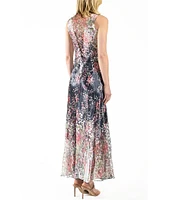 Komarov Charmeuse Lace Floral Print Scoop Neck Sleeveless Lace Up Back Pleated Dress