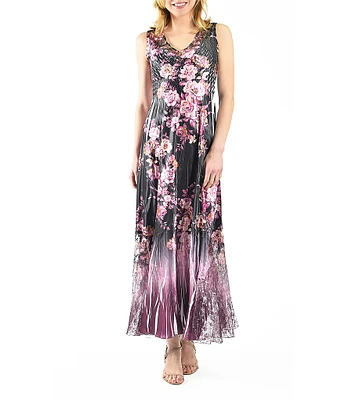 Komarov Charmeuse Lace Floral Print V-Neck Sleeveless Lace-Up Back A-Line Dress