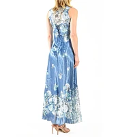 Komarov Charmeuse Lace Floral Scoop Neck Sleeveless Accordion Pleated A-Line Maxi Dress