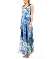 Komarov Charmeuse Lace Floral Scoop Neck Sleeveless Accordion Pleated A-Line Maxi Dress