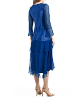 Komarov Charmeuse Lace V Neck 3/4 Sleeve Tiered Midi Dress
