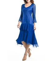 Komarov Charmeuse Lace V Neck 3/4 Sleeve Tiered Midi Dress