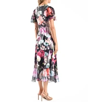 Komarov Charmeuse Lace V-Neck Short Flutter Sleeve Floral Print Fit & Flare Dress