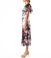 Komarov Charmeuse Lace V-Neck Short Flutter Sleeve Floral Print Fit & Flare Dress