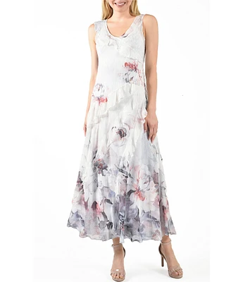 Komarov Charmeuse Pleated Floral Ruffle V-Neck Sleeveless A-Line Dress