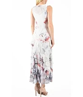 Komarov Charmeuse Pleated Floral Ruffle V-Neck Sleeveless A-Line Dress