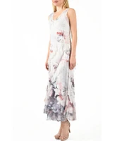 Komarov Charmeuse Pleated Floral Ruffle V-Neck Sleeveless A-Line Dress