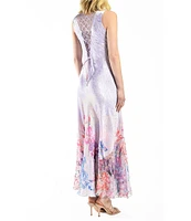 Komarov Charmuese Pleated Floral Print Scoop Neck Sleeveless Lace Up Back Maxi Dress