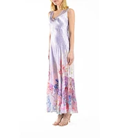 Komarov Charmuese Pleated Floral Print Scoop Neck Sleeveless Lace Up Back Maxi Dress