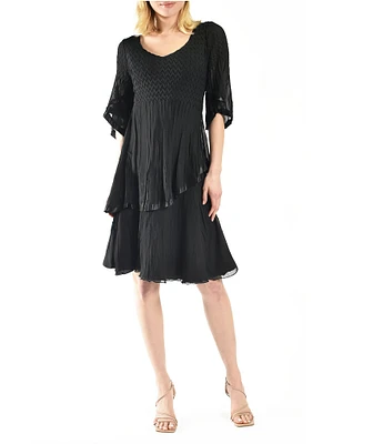 Komarov Chiffon Charmeuse Accordion Pleated V-Neck Elbow Sleeve Asymmetrical Tiered Dress