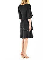 Komarov Chiffon Charmeuse Accordion Pleated V-Neck Elbow Sleeve Asymmetrical Tiered Dress