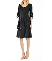 Komarov Chiffon Charmeuse Accordion Pleated V-Neck Elbow Sleeve Asymmetrical Tiered Dress