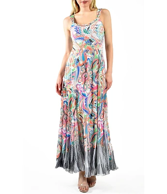 Komarov Chiffon Charmeuse Pyramid Pleated Paisley Print Scoop Neck Sleeveless Dress