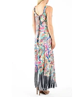 Komarov Chiffon Charmeuse Pyramid Pleated Paisley Print Scoop Neck Sleeveless Dress