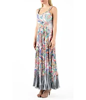 Komarov Chiffon Charmeuse Pyramid Pleated Paisley Print Scoop Neck Sleeveless Dress