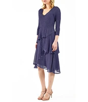 Komarov Chiffon Charmeuse Pyramid Pleated V-Neck 3/4 Sleeve Asymmetrical Tiered Dress