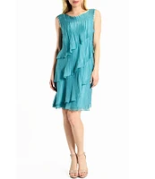 Komarov Chiffon Charmeuse Round Neck Sleeveless Pleated Asymmetrical Ruffle Tiered Dress