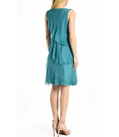 Komarov Chiffon Charmeuse Round Neck Sleeveless Pleated Asymmetrical Ruffle Tiered Dress