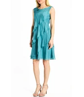 Komarov Chiffon Charmeuse Round Neck Sleeveless Pleated Asymmetrical Ruffle Tiered Dress