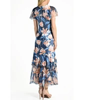 Komarov Chiffon Floral Print Scoop Neck Flutter Sleeve Lace Tiered Ruffle Hem Midi Dress