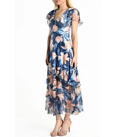 Komarov Chiffon Floral Print Scoop Neck Flutter Sleeve Lace Tiered Ruffle Hem Midi Dress