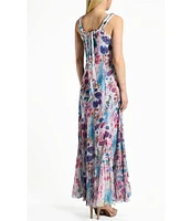 Komarov Chiffon Floral Print Scoop Neck Sleeveless Shawl Insert Lace Back Maxi Dress