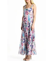 Komarov Chiffon Floral Print Scoop Neck Sleeveless Shawl Insert Lace Back Maxi Dress