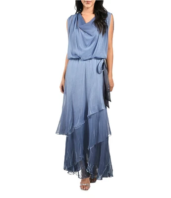 Komarov Drape Front Sleeveless Blouson Tiered Hem Chiffon Gown