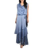 Komarov Drape Front Sleeveless Blouson Tiered Hem Chiffon Gown