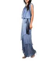 Komarov Drape Front Sleeveless Blouson Tiered Hem Chiffon Gown
