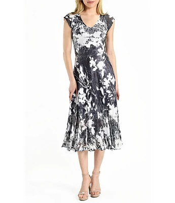 Komarov Floral Charmeuse Lace V-Neck Cap Sleeve Pleated Midi Dress