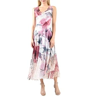 Komarov Floral Charmeuse Lace V-Neck Sleeveless Fit & Flare Midi Dress