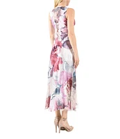 Komarov Floral Charmeuse Lace V-Neck Sleeveless Fit & Flare Midi Dress