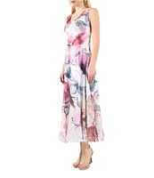 Komarov Floral Charmeuse Lace V-Neck Sleeveless Fit & Flare Midi Dress
