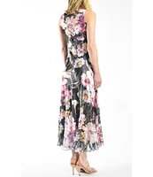 Komarov Floral Charmeuse Scoop Neck Sleeveless Lace Trim Lace Up Back Midi Dress