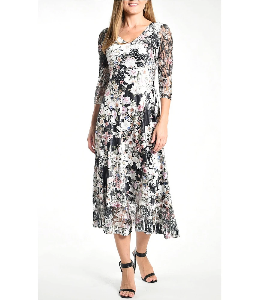 Komarov Floral Charmeuse V-Neckline Lace 3/4 Sleeve Midi Dress