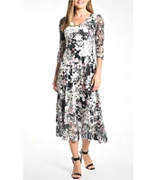 Komarov Floral Charmeuse V-Neckline Lace 3/4 Sleeve Midi Dress