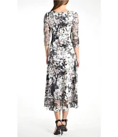 Komarov Floral Charmeuse V-Neckline Lace 3/4 Sleeve Midi Dress